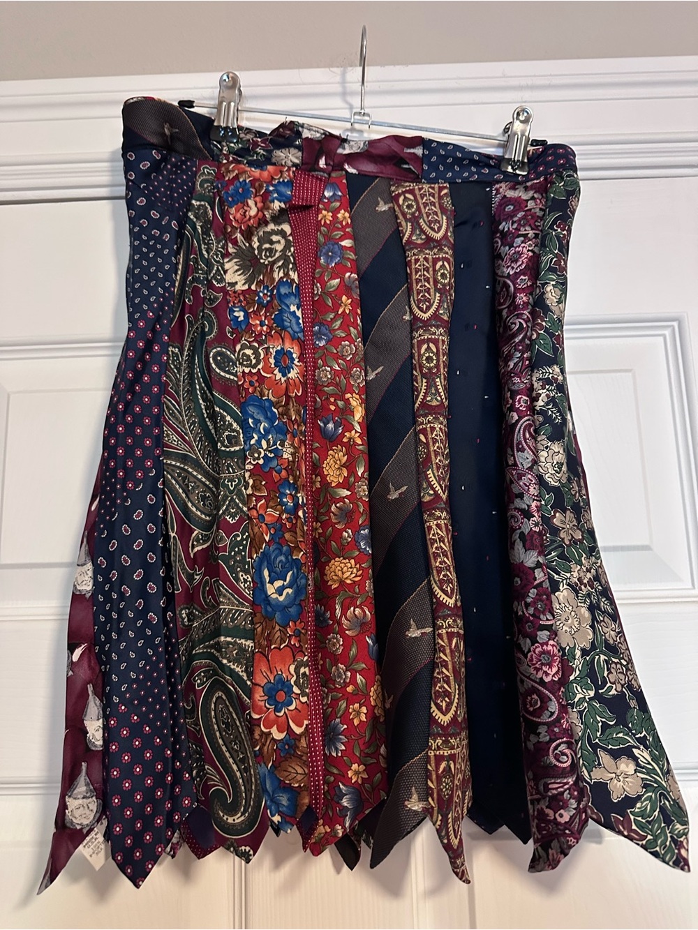 Handmade Eclectic Tie-Strip Patchwork Skirt in Blue, Burgundy & Green